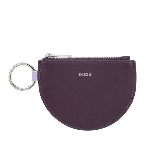 DUDU Slim leather coin purse keyring zipped deep purple
