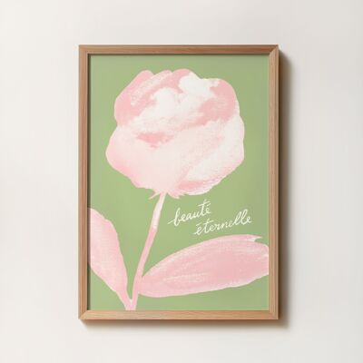 Poster A5 A4 "Eternal Beauty" Rosa Verde - Illustrazione con pittura ad acquerello - Messaggio tipografico in francese