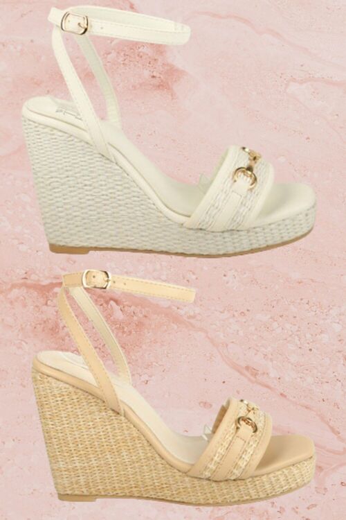 BASKET WEAVE WEDGE SANDALS WITH TRIM BUCKLE DETAIL