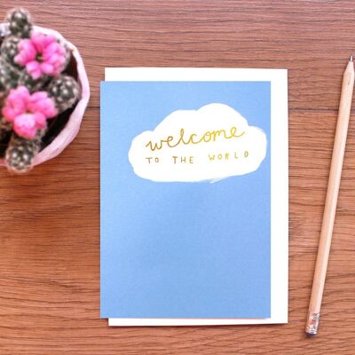 Blaue „Willkommen in der Welt“-Babykarte mit goldener Karte