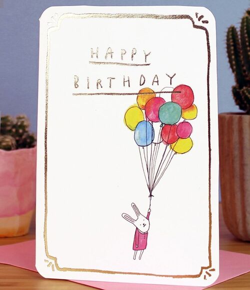 Gold Bunny Balloons Birthday Card