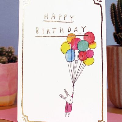 Tarjeta de cumpleaños de globos de conejito dorado