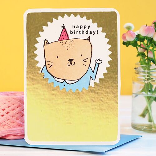 Gold Birthday Cat Card