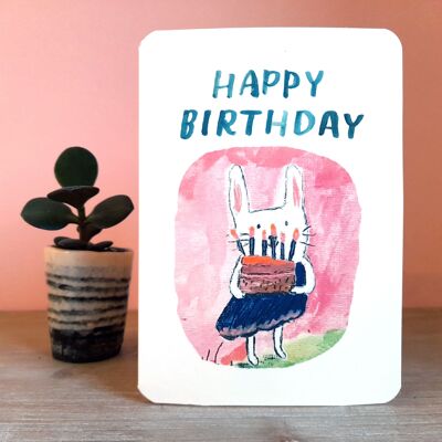 Biglietto di auguri rosa per torta di buon compleanno con coniglietto
