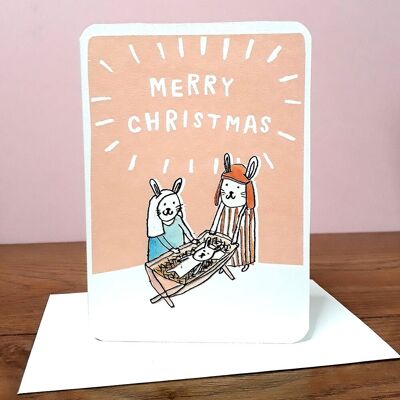Biglietto natalizio con coniglietti di Gesù Maria e Giuseppe