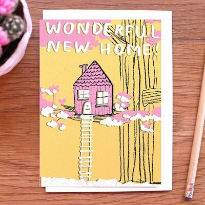 Maravillosa tarjeta dorada de inauguración de un nuevo hogar