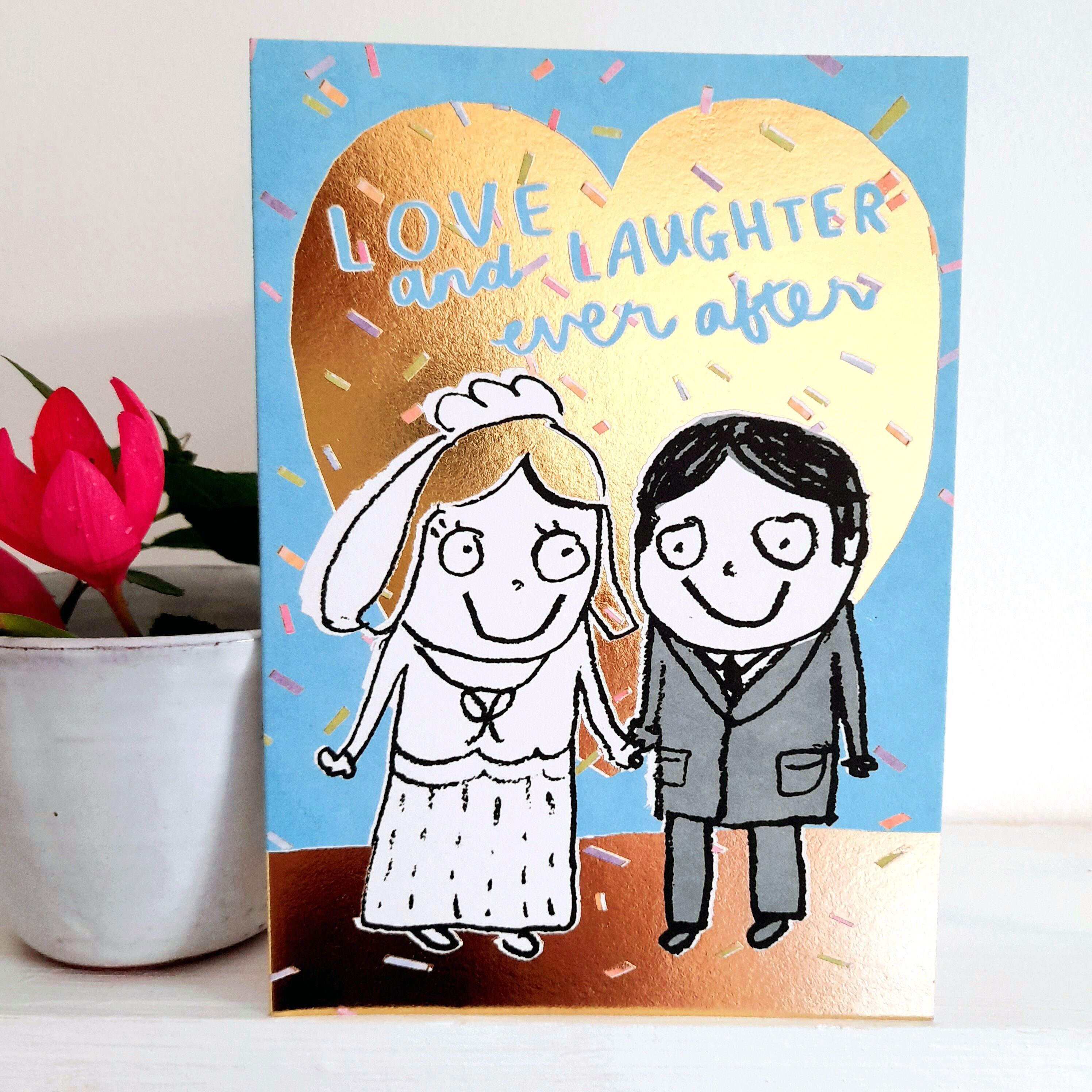 Tarjeta de boda dorada de amor y risas