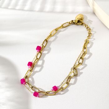 Lot de 6 bracelets chaînes dorées avec pierres fuchsia 7