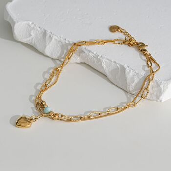 Chaîne de cheville dorées doubles chaînes avec pendentif coeur 1