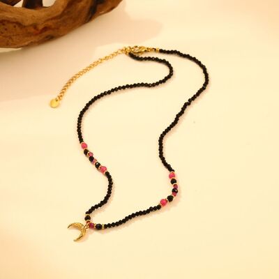 Collana girocollo in pietre naturali nere (ematite) con pendente luna
