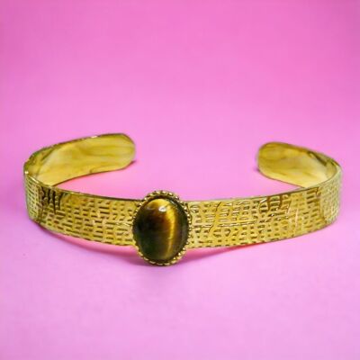 Brazalete de acero dorado "ALEXANDRA" - adaptable con ojo de tigre natural