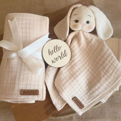 Set coperta in mussola di cotone biologico fatto a mano con coniglietto coccolato