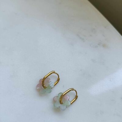 Boucles d'oreilles en acier inoxydable et pendentif en fleur - Janis rose et vert