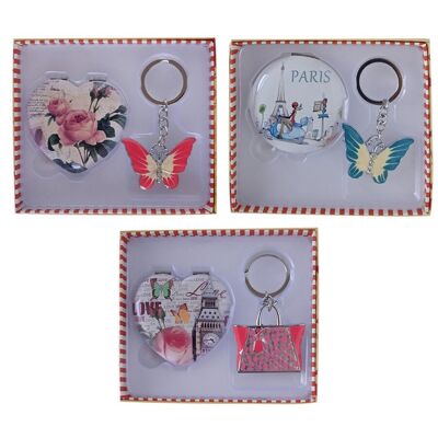 Set da donna con specchio e portachiavi in ​​confezione regalo in 3 motivi. Dimensioni confezione: 14x2x12 cm DL-971