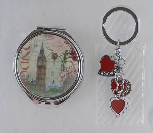 Women's set with mirror & key ring in gift box in various designs. Package Dimension: 14x2x14cm DL-972