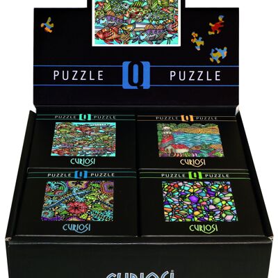 Curiosi Display-Box Q8 "Colour Mix", display filled with 16 puzzles from the Q-Colour-Mix series