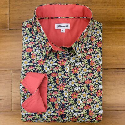 Camisa Grenouille de manga larga con estampado floral rojo y azul para mujer