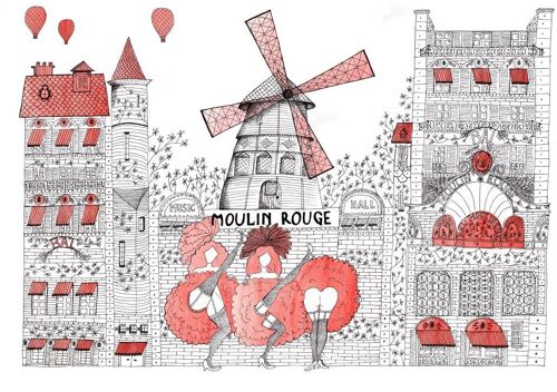 Illustration Moulin-Rouge de Paris et ses danseuses french cancan - Affiche style onirique, très détaillé, finesse du trait