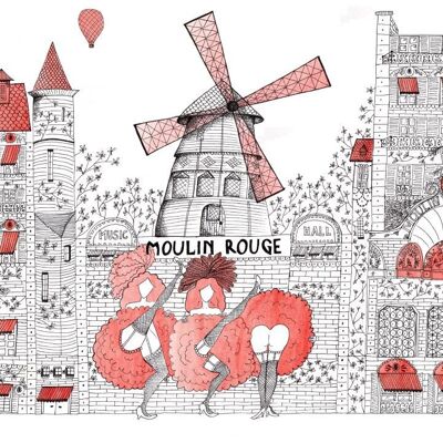 Illustration Moulin-Rouge de Paris und seine französischen Cancan-Tänzer – Poster im traumhaften Stil, sehr detailliert, feine Linienführung