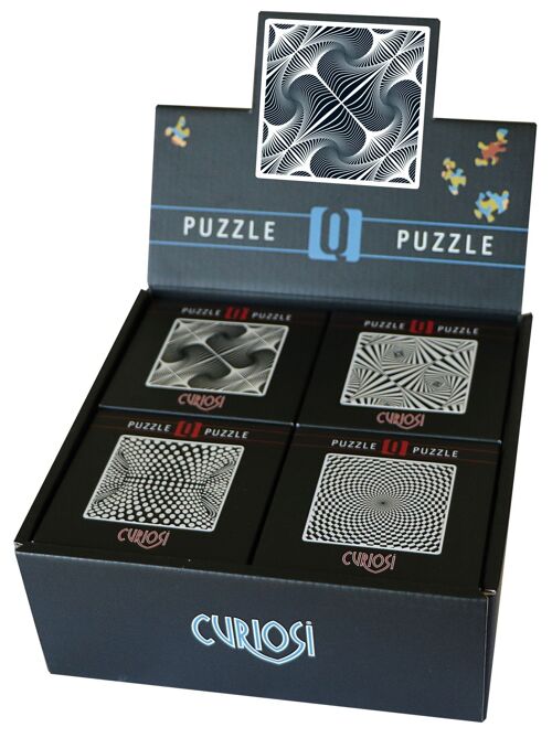 Display-Box Q3-Shimmer, gefüllt mit 16 Q-Puzzles aus der Schimmer-Serie