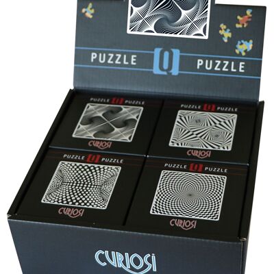 Display box Q3-Shimmer filled with 16 Q-puzzles from the Shimmer series