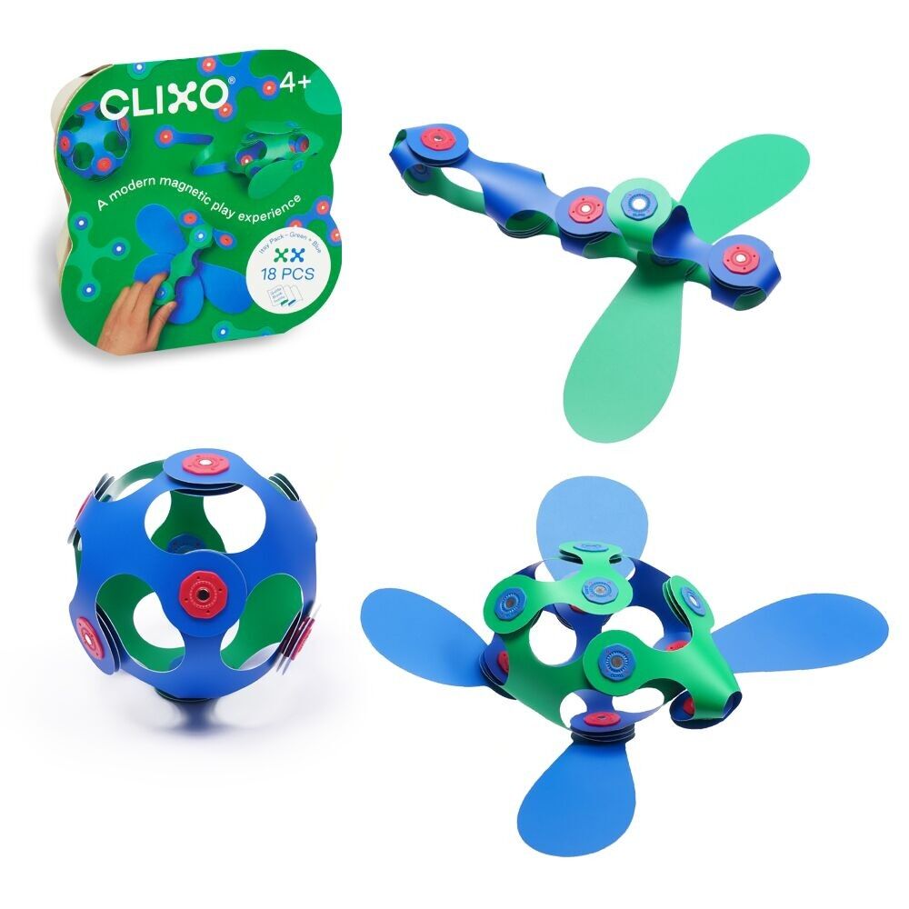 CLIXO - Itsy Pack (grün/blau) - Magnetisches, flexibles, langlebiges und fantasievolles Konstruktionsspiel - 18 Teile - ab 4 Jahren