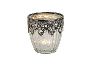 Lanterne argentée antique en verre / métal, 8x9x8cm
