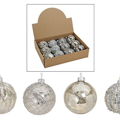Palla di Natale glitterata in vetro, 4 volte, argento Ø8cm