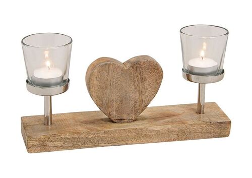 Windlicht Herz für 2 Teelichter aus Mangoholz/Metall/Glas Braun (B/H/T) 28x16x7cm