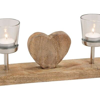 Lanterne coeur pour 2 bougies chauffe-plat en bois de manguier / métal / verre brun (L / H / P) 28x16x7cm