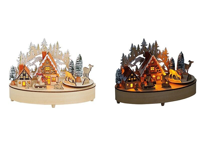 Winterszene mit Musik und LED Beleuchtung aus Holz (B/H/T) 21x13x11 cm