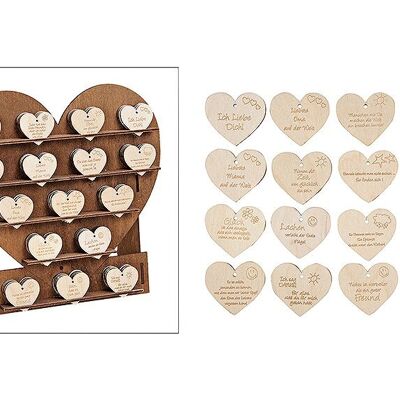 Présentoir coeur avec coeurs, en bois, 16 assortis, L24 x P10 x H24 cm / L4 x H4 cm