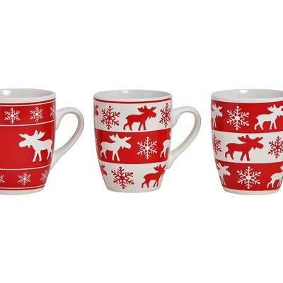 Tazza con decorazione alce in ceramica rosso-bianca, 3 assortiti, 280 ml (L/A/P) 11x10x8 cm
