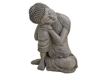 Bouddha assis en gris en poly, L14 x H20 cm