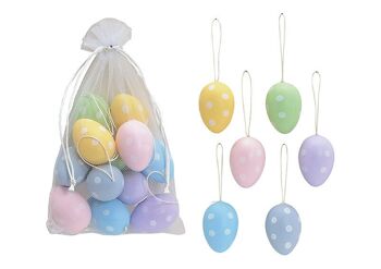 Set à suspendre œufs de Pâques (4x6x4cm) décoration à pois en plastique coloré lot de 12, (L/H/P) 16x18x6cm Ø3cm