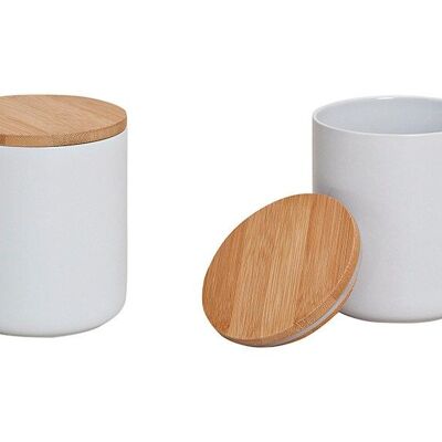 Tarro con tapa de bambú en blanco de cerámica, ancho 10 x alto 12 cm, 550 ml