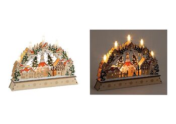 Arche à bougies scène d'hiver place du village en bois (L/H/P) 35x26x6 cm