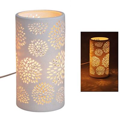 Lámpara de sobremesa cilíndrica blanca de porcelana, decoración floral, 10x20x10cm sin bombilla