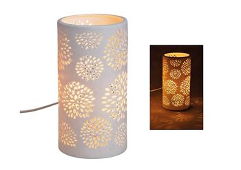 Lampe de table cylindre blanche en porcelaine, décor floral, 10x20x10cm sans ampoule