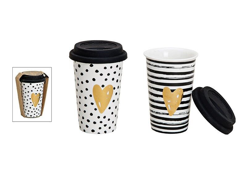 Mug to go heart motif made of porcelain white double, 300ml (W / H / D) 9x14x9cm