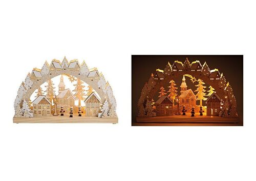 Schwibbogen Kirche im Winterwald mit LED Beleuchtung aus Holz, Beige mit Glitter (B/H/T) 45x28x8cm