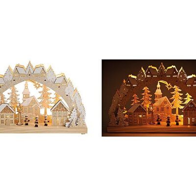 Chiesa ad arco con candela nel bosco invernale con illuminazione a LED in legno, beige con glitter (L/A/P) 45x28x8 cm