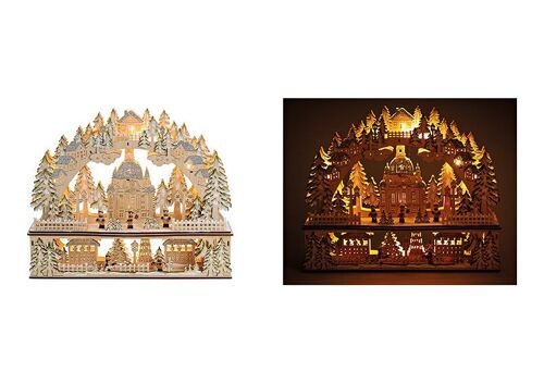 Schwibbogen Kirche im Winterwald mit LED Beleuchtung aus Holz, Beige mit Glitter (B/H/T) 45x37x10cm