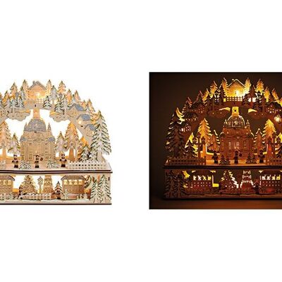 Schwibbogen Kirche im Winterwald mit LED Beleuchtung aus Holz, Beige mit Glitter (B/H/T) 45x37x10cm