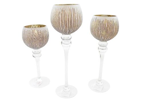 Windlicht Set Kelch geriffelt, 30, 35, 40cm x Ø13cm aus Glas Weiß, gold 3er Set