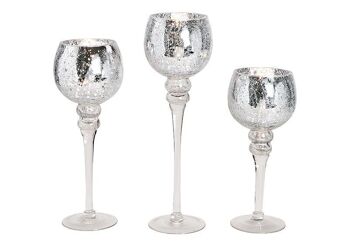 Set lanterne calice craquelé argent 30, 35, 40cm x Ø13cm en verre, lot de 3,