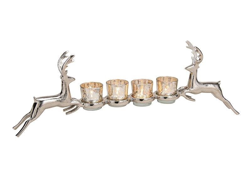 Tealight holder, Advent arrangement deer decor made of metal with 4 lantern glasses silver (W/H/D) 57x21x9cm