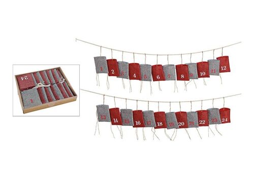 Adventskalender aus Textil, 24 Säckchen (B/H) 10x13cm, Rot/Grau, 320cm