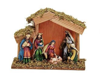 Crèche de Noël en poly, bois coloré (L/H/P) 20x15x8cm