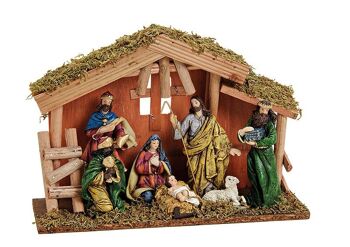 Crèche de Noël en poly, bois coloré (L/H/P) 30x21x10cm